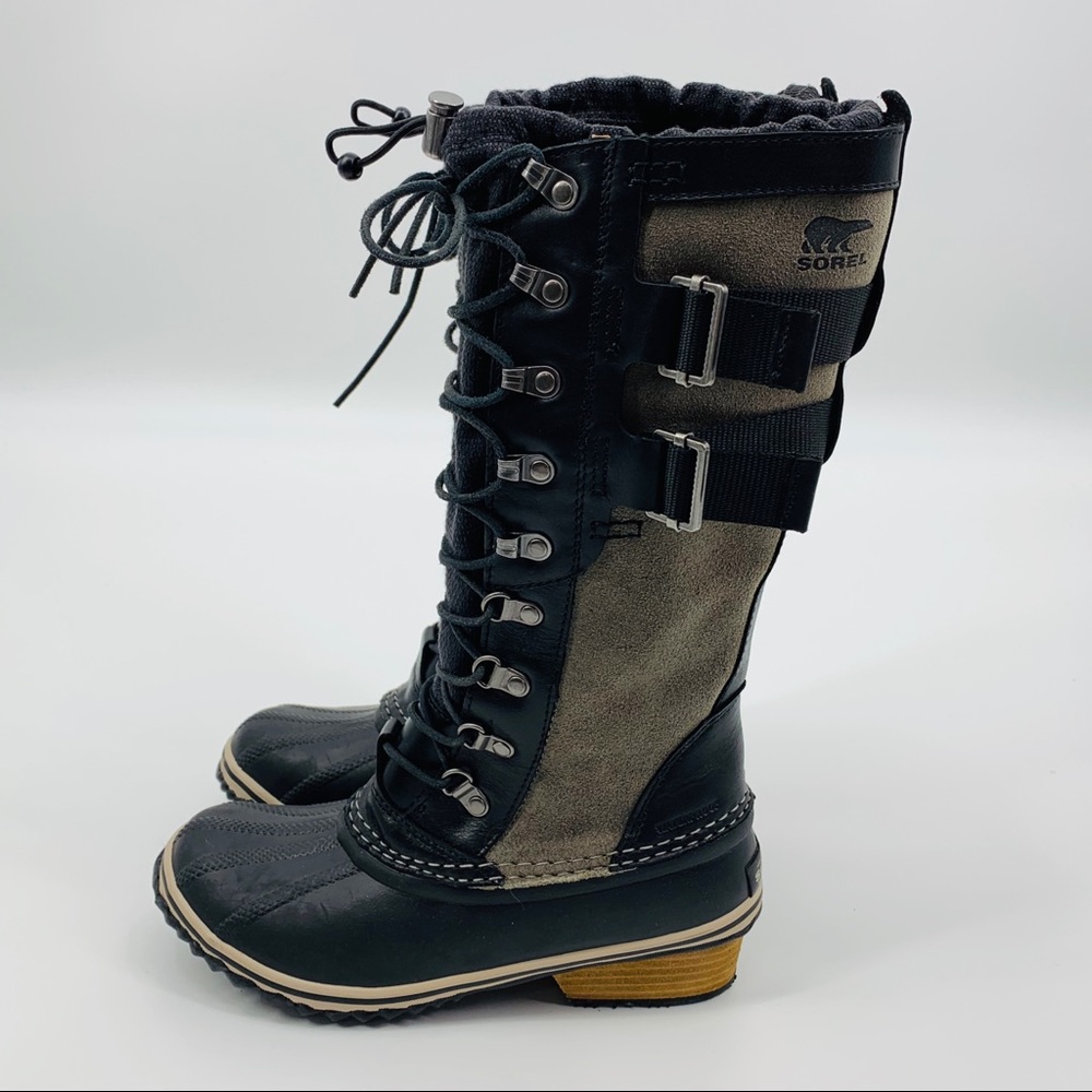 Sorel Black and Gray Lace-Up Heeled Winter Boots